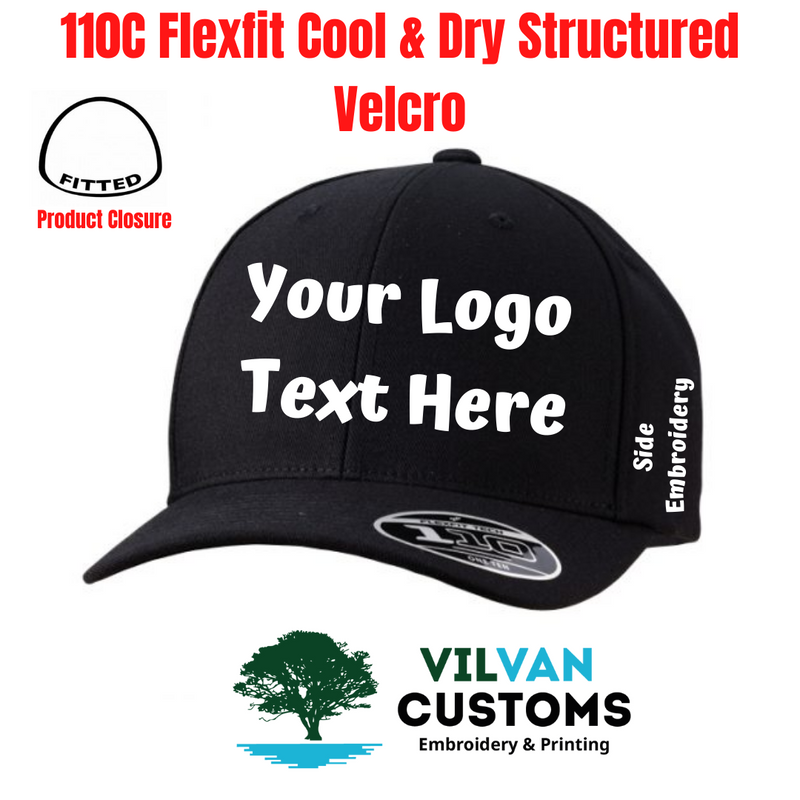 Custom Embroidery 110C Flexfit Cool Dry Structured Velcro Hats VilVan Customs