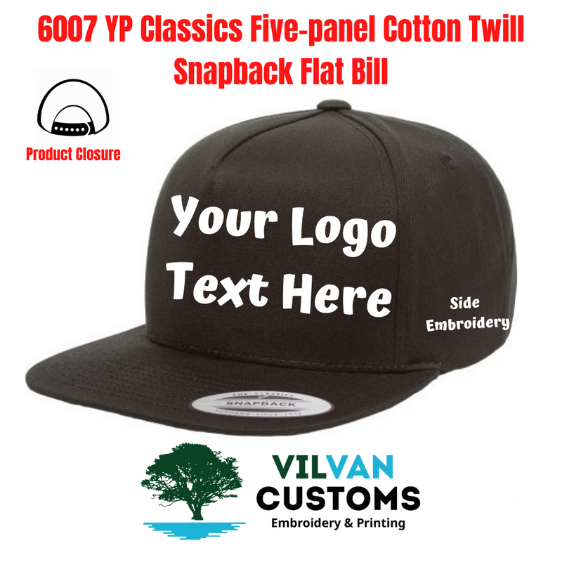 Custom Embroidery, 6007 YP Classics Five-panel Cotton Twill Snapback Flat Bill Hats