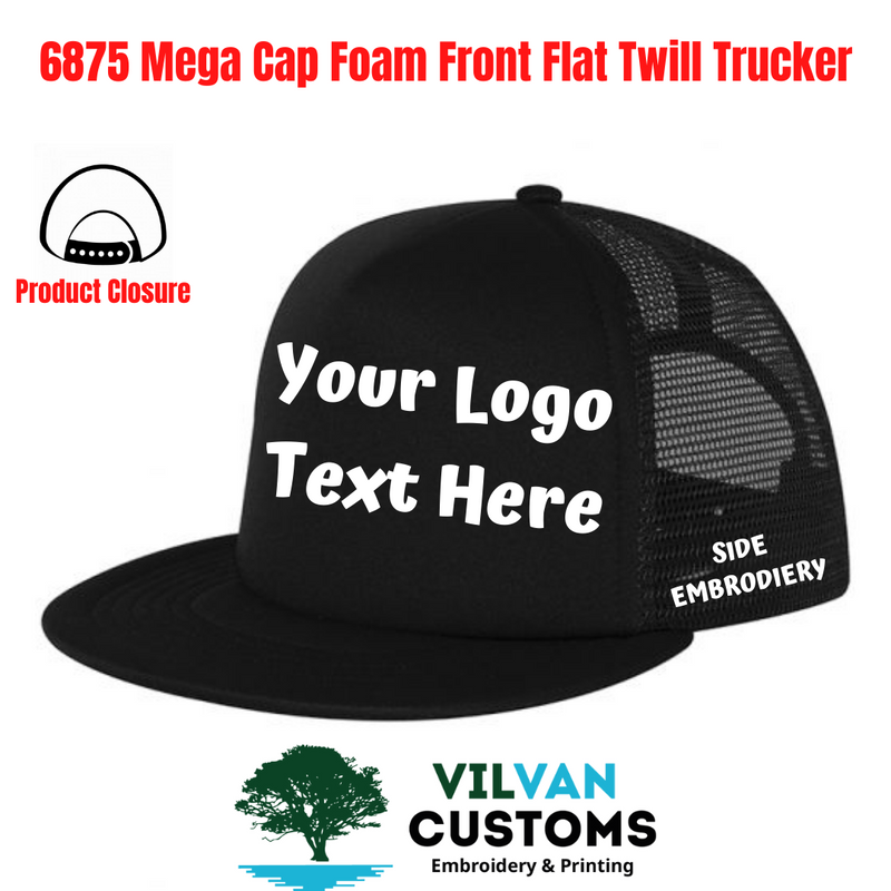 Custom Embroidery, 6875 Mega Cap Foam Front Flat Twill Trucker Hats