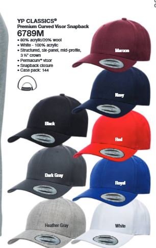 Custom Embroidery, 6789M YP Classics Premium Curved Visor Snapback Hats