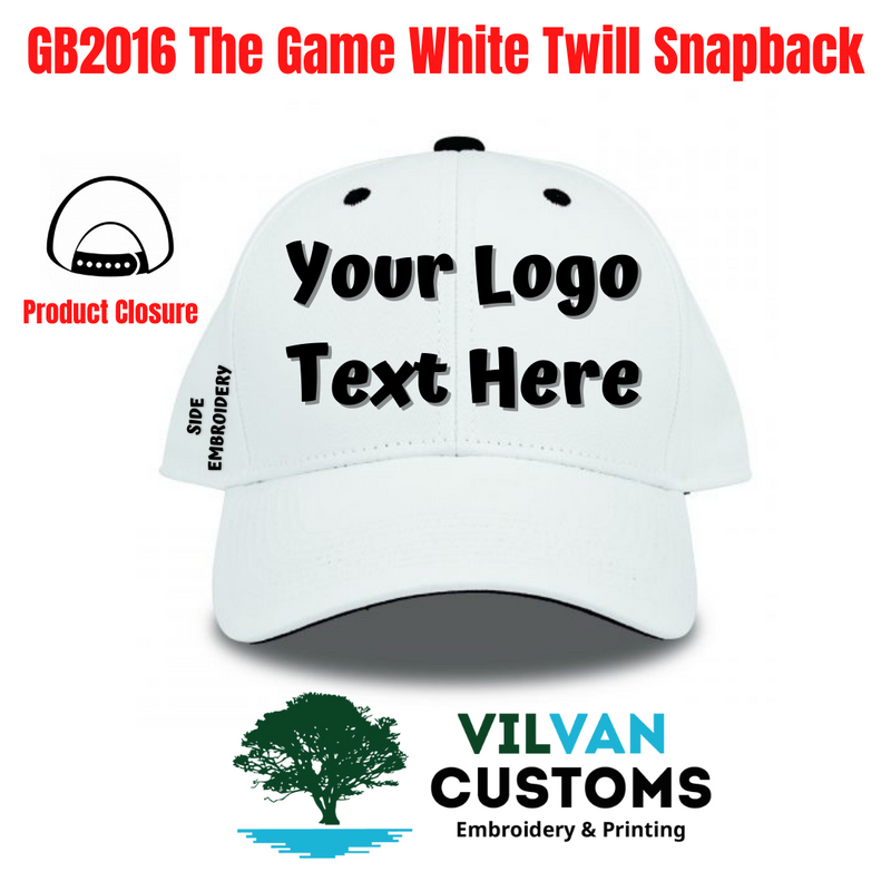 GB2016 The Game White Twill Snapback, Custom Embroidery