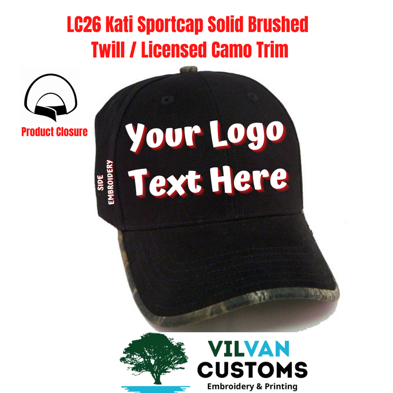 LC26 Kati Sportcap Solid Brushed Twill / Licensed Camo Trim, Custom Embroidery