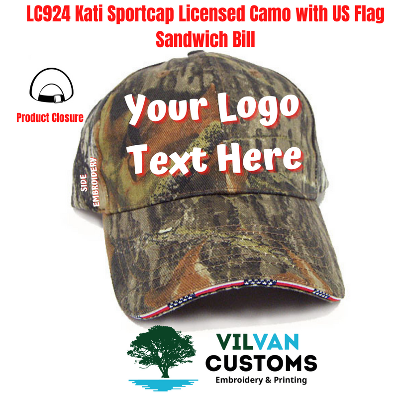 LC924 Kati Sportcap Licensed Camo with US Flag Sandwich Bill, Custom Embroidery