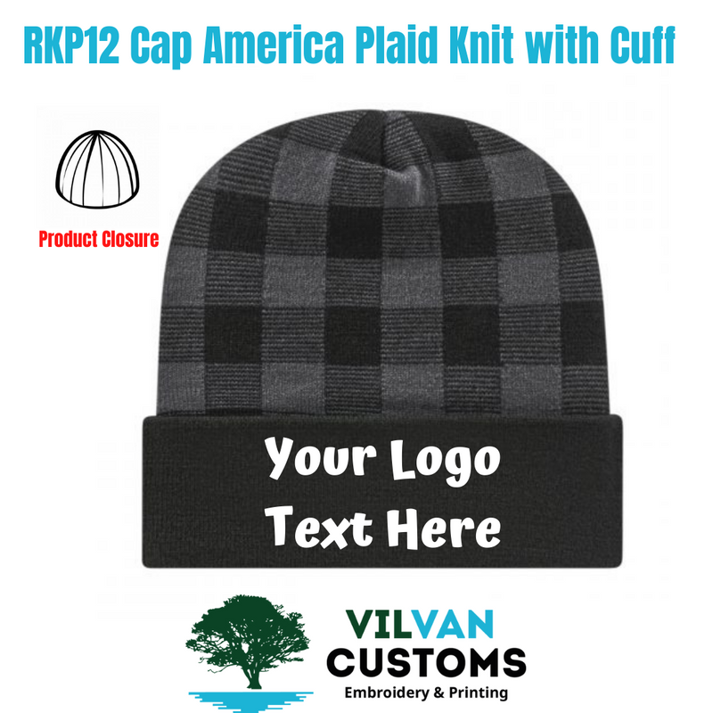 RKP12 Cap America Plaid Knit with Cuff, Custom Embroidery