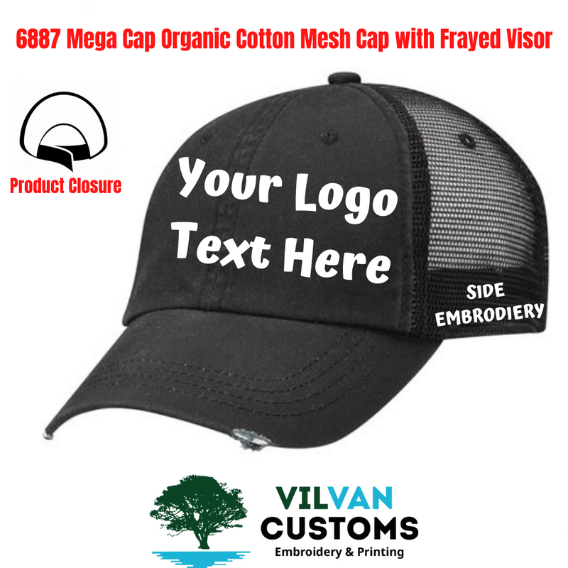 Custom Embroidery, 6887 Mega Cap Organic Cotton Mesh Cap with Frayed Visor Hats