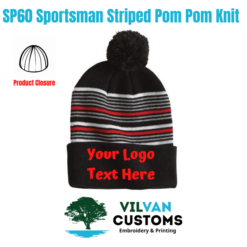 SP60 Sportsman Striped Pom Pom Knit″, Custom Embroidery