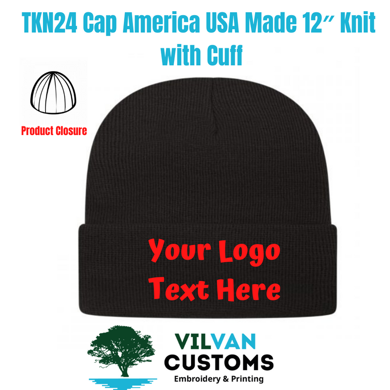 TKN24 Cap America USA Made 12″ Knit with Cuff, Custom Embroidery