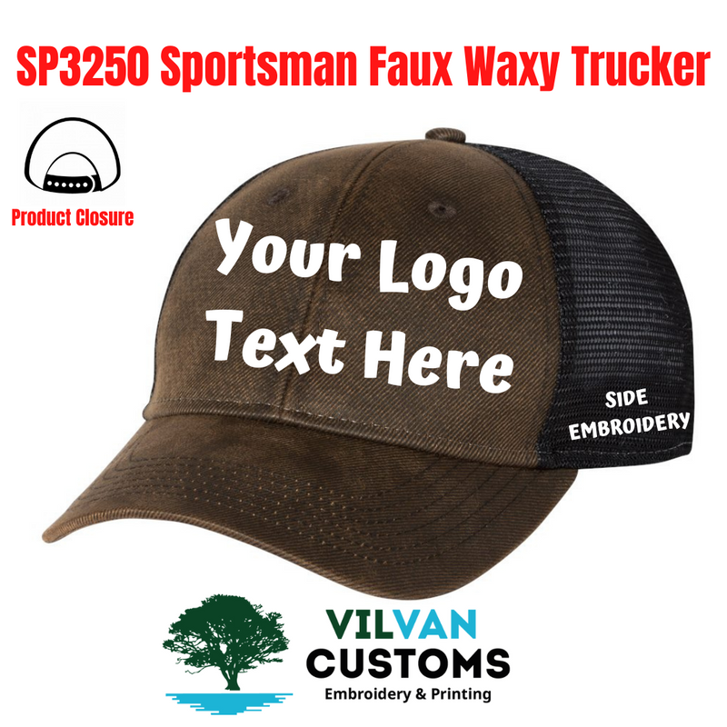 SP3250 Sportsman Faux Waxy Trucker, Custom Embroidery