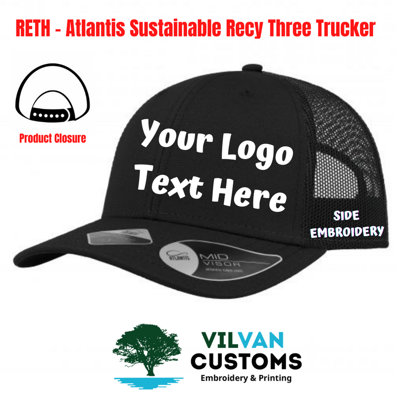 RETH – Atlantis Sustainable Recy Three Trucker, Custom Embroidery