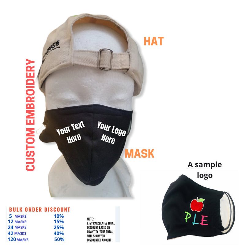 Face Mask, Custom Embroidery Adult Mask, Black White Mask, Text On The Mask, Logo On The Mask